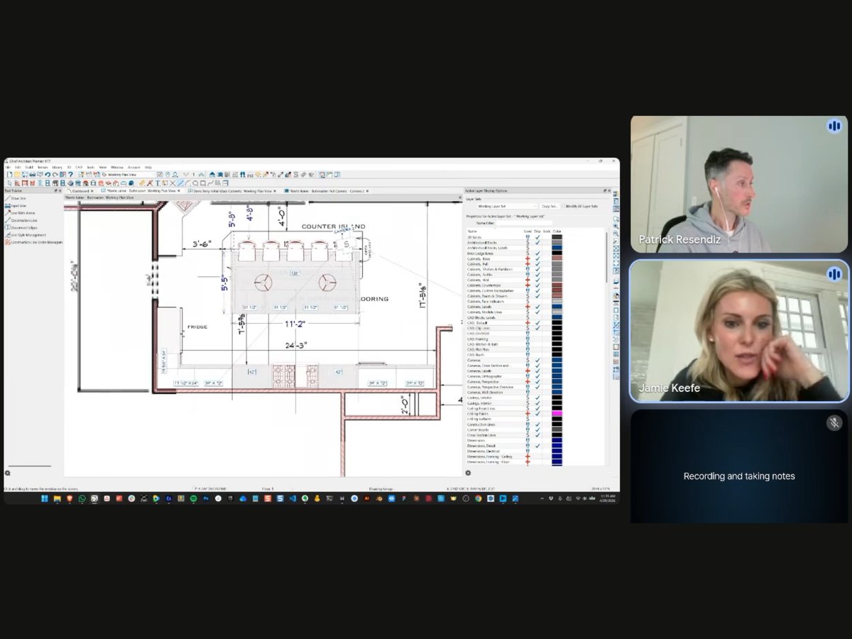 A live design call with an interior designer, working on a kitchen plan in Chief Architect